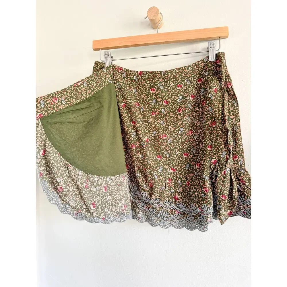 Sézane Sezane | Come Wrap Skirt Khaki Floral Mini Lace Trim | Sz 36 / US 4